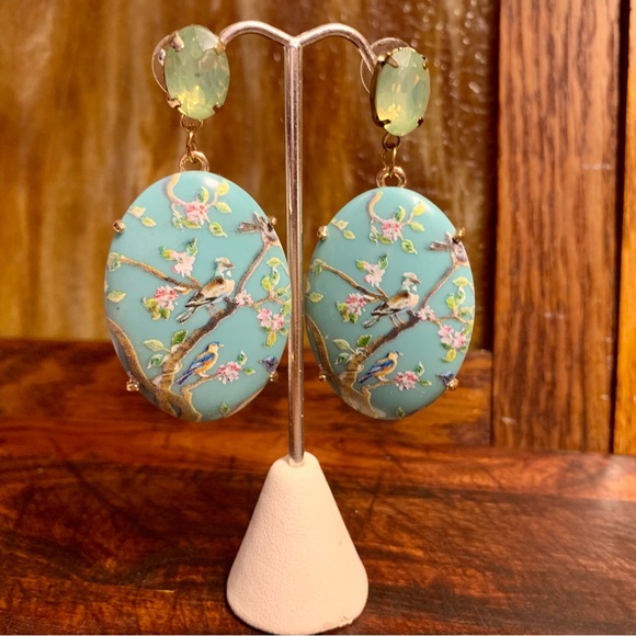 Birds in Dogwood Tree Oval Cameo Style Dangling Post Earrings - Picture 2 of 6
